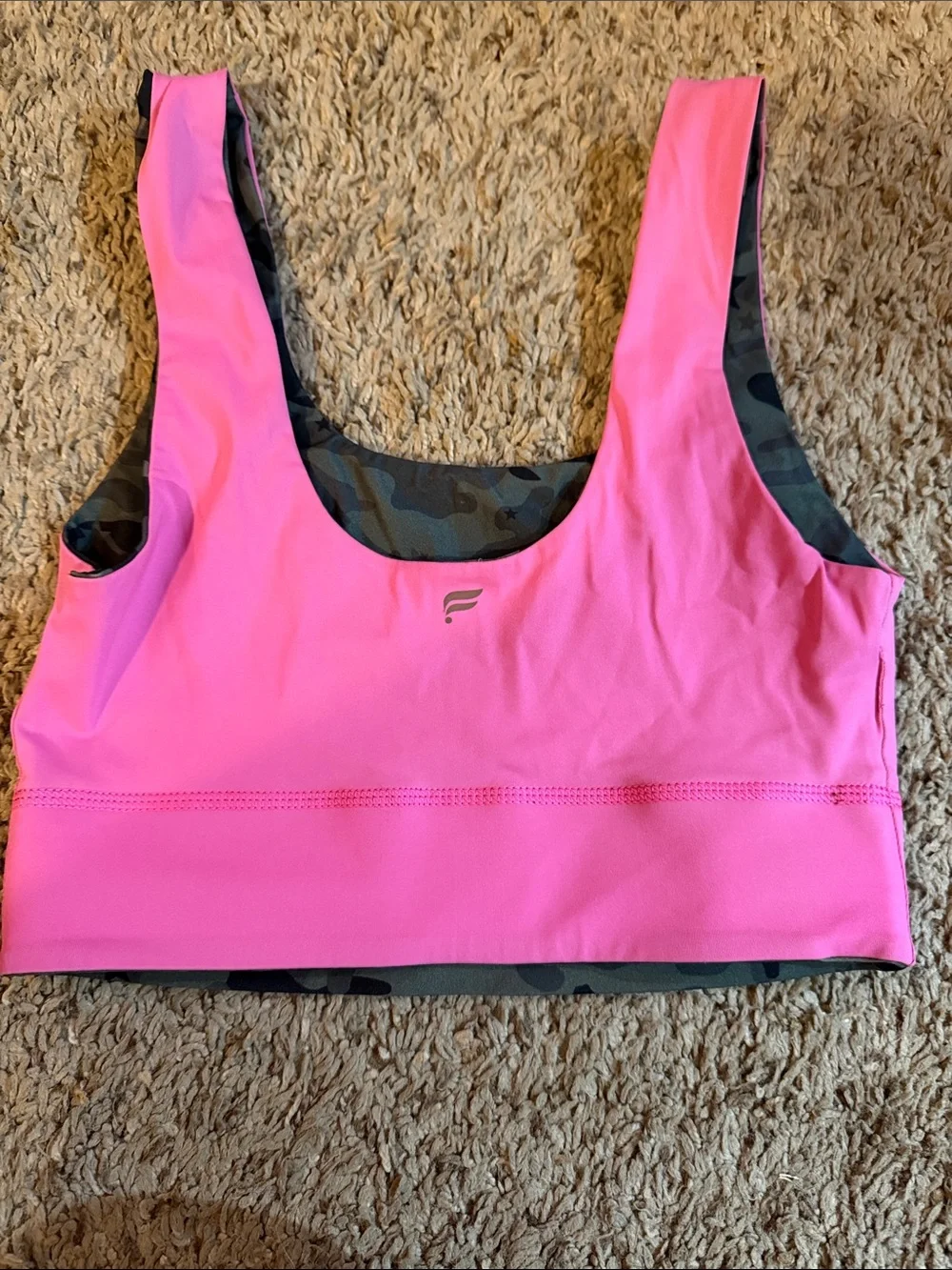 Fabletics Green Camouflage Sports Bra with Pink Lining reversible